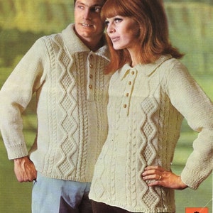 vintage aran polo shirt sweater knitting pattern pdf womens mens cable jumper with collar 34-40&quot; aran worsted 10ply pdf instant download