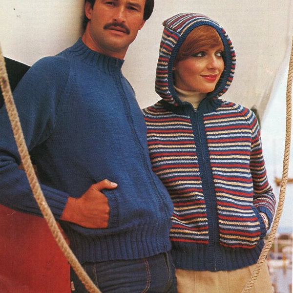 vintage womens mens zipper jacket knitting pattern pdf ladies hooded cardigan 32-42" DK light worsted 8ply pdf instant Download