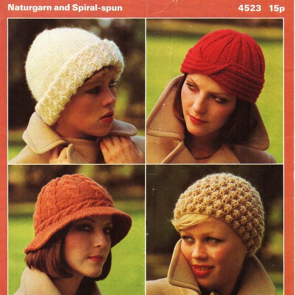 womens hats knitting pattern pdf chunky or DK ladies caps turban wide brim cable hat vintage 1970s  pdf Instant Download