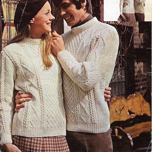 vintage womens mens aran sweater knitting pattern pdf ladies cable jumper crew neck 34-40" aran worsted 10ply pdf instant download