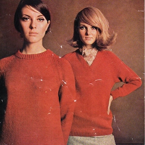 vintage womens classic sweater knitting pattern pdf ladies v or round neck jumper 34-40&quot; DK light worsted 8ply pdf instant download
