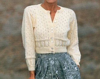 womens cardigan knitting pattern pdf ladies lacy short jacket round neck 32-44 inch chest DK / light worsted / 8ply pdf instant download