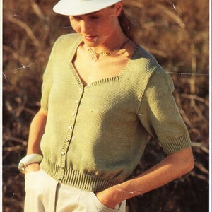 womens short sleeve cardigan knitting pattern pdf ladies sweetheart neck cardigan 32-40&quot; cotton QK 5ply sport pdf instant download