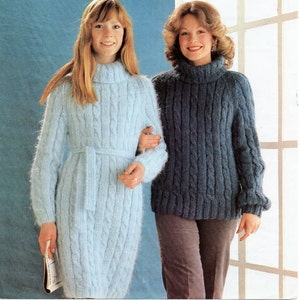 Vintage womens cable dress and sweater knitting pattern pdf ladies cable polo neck jumper 24-38" chunky bulky 12ply pdf instant download