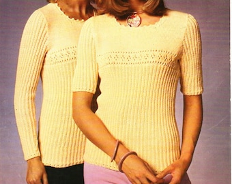 vintage womens knitting pattern pdf download ladies ribbed sweater short long sleeve skinny rib jumper 1970s 32-42" DK 8ply Instant Download
