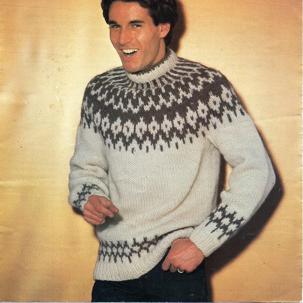 mens icelandic sweater knitting pattern pdf mens fair isle yoke jumper 36-44" chunky bulky 12 ply pdf instant download