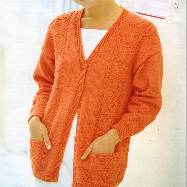 womens cardigan knitting pattern pdf ladies jacket lacy v neck larger sizes 30-52" DK light worsted 8ply pdf instant download