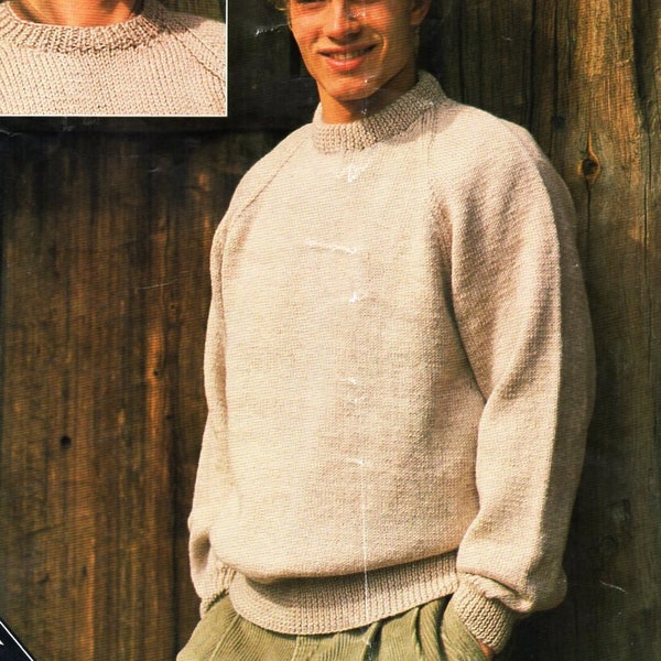 mens classic round neck sweater knitting pattern pdf 4ply DK aran or chunky mens crew neck jumper Vintage 34-44 inch Instant Download