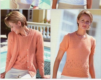 womens twin set knitting pattern pdf ladies short sleeve sweater cardigan larger sizes 32-54 inch DK Lt.Worsted 8ply PDF Instant Download