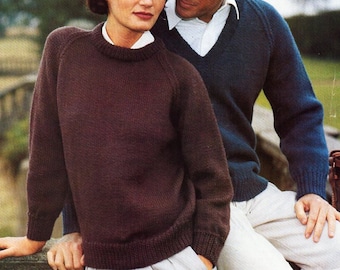 womens / mens classic sweaters knitting pattern pdf download v neck round neck 26-44" aran worsted 10 ply unisex knitting pattern pdf