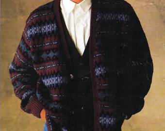 mens fair isle cardigan knitting pattern pdf DK mans fairisle jacket larger sizes 36-50" DK light worsted 8ply pdf instant download