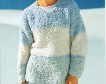 womens chunky chenille sweater knitting pattern pdf ladies long jumper striped v neck 32-42"chenille chunky bulky 12ply pdf instant download