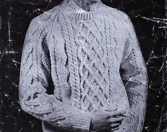 Vintage Aran Sweater Knitting Pattern PDF, Mens Cable Jumper (38-42")