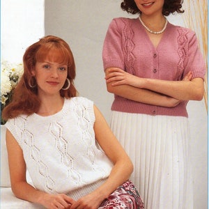ladies short sleeve cardigan and top knitting pattern pdf womens vest jacket larger sizes 34-48" DK light worsted 8ply pdf instant download