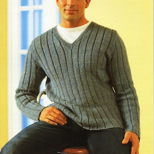 Easy Mens Ribbed V Neck Sweater Jumper Pullover 34 42 DK Light Worsted 8ply Knitting Pattern Pdf Digital Download Etsy