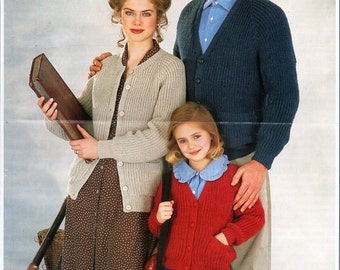 Vintage womens mens childrens fishermans rib cardigans Knitting pattern PDF DK ladies ribbed  jackets 24-44" DK light worsted 8ply Download