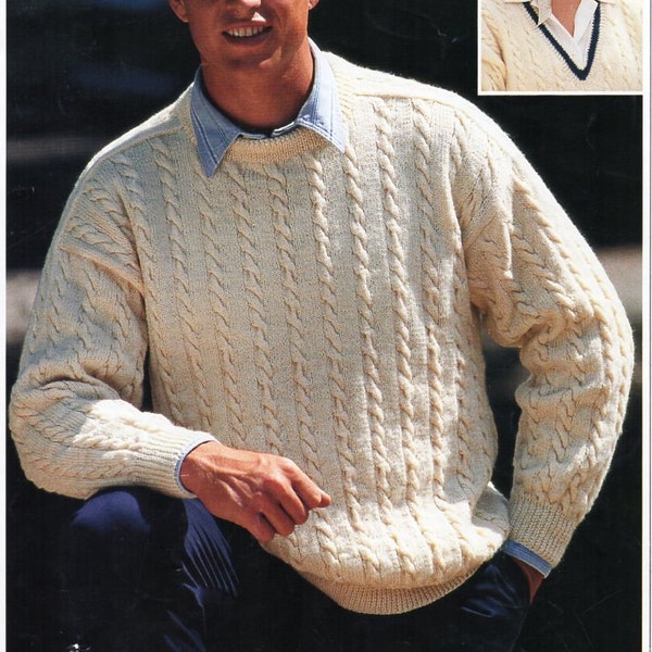 mens cable sweater knitting pattern pdf 4ply mans jumper v or round neck larger sizes 28-50" 4 ply sports pdf instant download