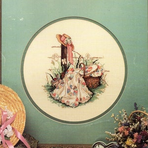 vintage CROSS STITCH pattern pdf summer hat sewing basket colour coded 2 designs 11-22 fabric count pdf instant download