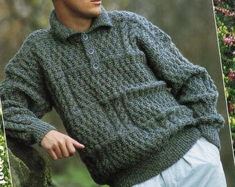 mens polo shirt sweater knitting pattern pdf mens textured cable collared jumper 36-46" aran worsted 10ply pdf instant download