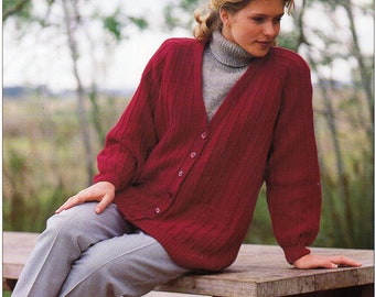 womens cardigan knitting pattern pdf ladies jacket v neck rib loose fit 30-44" DK 8ply pdf instant download