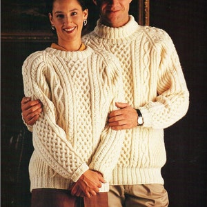 vintage womens mens aran sweater knitting pattern pdf ladies cable jumper 32-44" aran worsted 10ply pdf instant download