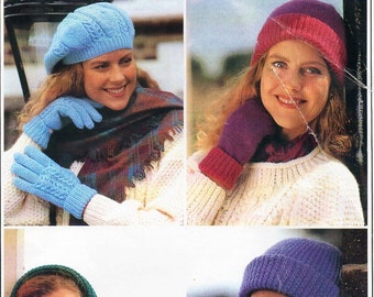 womens hats gloves scarf mitts knitting pattern pdf ladies beret caps mittens 2 needles cable gloves DK light worsted 8ply instant Download