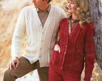 womens mens aran cardigan knitting pattern pdf ladies cable v neck jacket 34-44" aran worsted 10ply pdf Instant Download