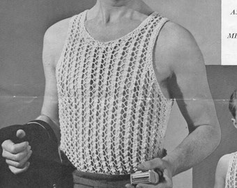 vintage mens vest boys vest knitting pattern pdf string vest  26-42 inch cotton yarn mens knitting pattern pdf instant download