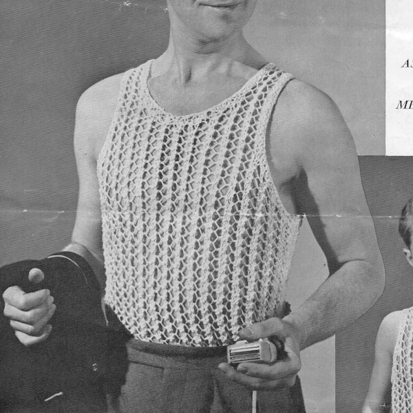 vintage mens vest boys vest knitting pattern pdf string vest  26-42 inch cotton yarn mens knitting pattern pdf instant download