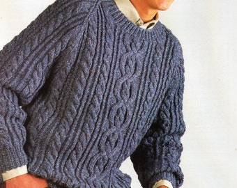 mens aran sweater knitting pattern PDF chunky mans cable jumper crew neck 34-44 inch chunky bulky 12ply Instant download