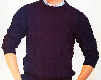 mens sweater knitting pattern pdf mens jumper patterned ribbed crew neck vintage 32-42" DK light worsted 8ply Instant download