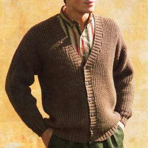 Mens Fisherman Rib Cardigan Knitting Pattern, DK V Neck Jacket (PDF Pattern)