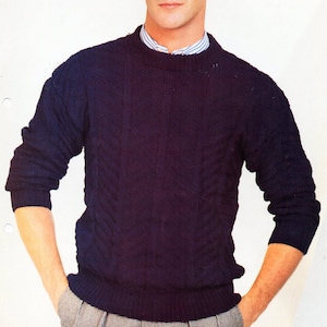 mens sweater knitting pattern pdf mens jumper patterned ribbed crew neck vintage 32-42&quot; DK light worsted 8ply Instant download