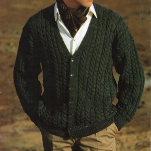 Mens Cable Knit Cardigan Pattern, V-Neck Jacket (PDF Download)