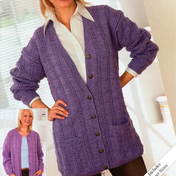 womens cardigan knitting pattern pdf download ladies long loose fit jacket larger sizes 32-54" DK light worsted 8ply pdf instant download