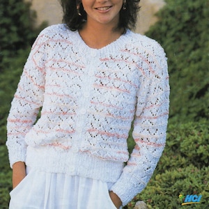 vintage womens lacy cardigan knitting pattern pdf ladies lacy jacket round neck 30-42&quot; DK Light worsted 8 ply pdf instant download