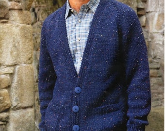 mens classic cardigan knitting pattern pdf mans chunky jacket v neck round neck raglan pockets 30-48" chunky bulky 12ply instant download