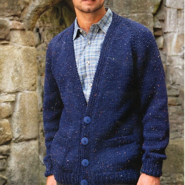 mens classic cardigan knitting pattern pdf mans chunky jacket v neck round neck raglan pockets 30-48" chunky bulky 12ply instant download