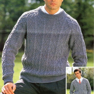 Mens Aran Sweater Knitting Pattern PDF DK Mans Cable Jumpers V - Etsy