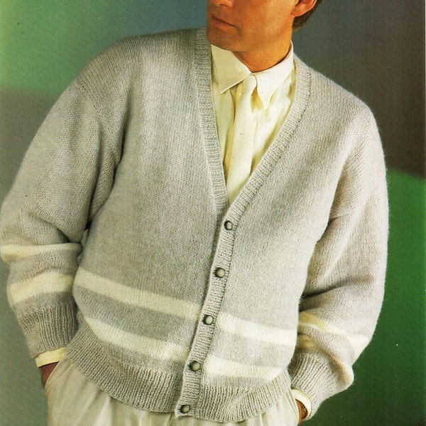 mens cardigan knitting pattern PDF mens v neck striped jacket vintage 36-44 inch DK light worsted 8ply pdf Instant Download