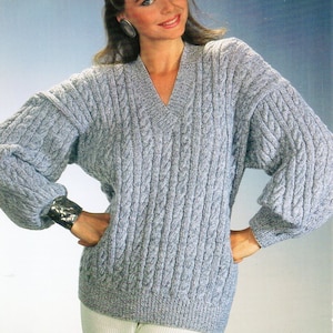 womens cable sweater knitting pattern pdf ladies v neck cable jumper 32-42&quot; DK light worsted 8ply pdf instant download