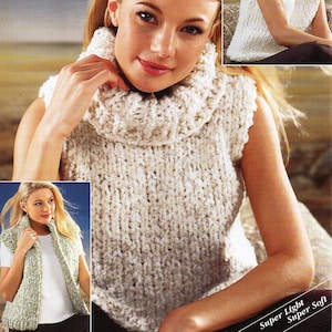womens super chunky top gilet knitting pattern pdf ladies polo neck sweater waistcoat 26-40&quot; super chunky / bulky 16ply pdf instant download