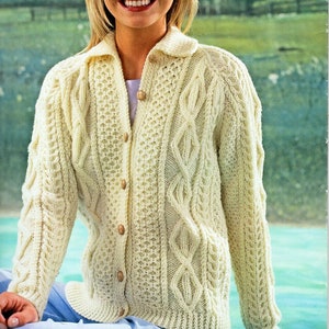 Womens Aran Jacket Knitting Pattern Pdf Ladies Cable Cardigan Collar ...