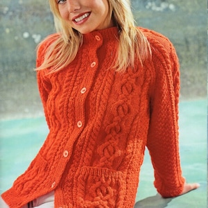 womens aran cardigan knitting pattern pdf ladies cable jacket larger sizes 30-52&quot; aran worsted 10ply pdf instant download