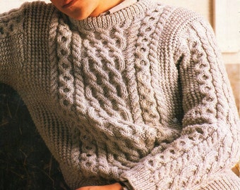 mens aran sweater knitting pattern pdf cable crew neck jumper Vintage 34-40 inch aran worsted 10ply Instant Download
