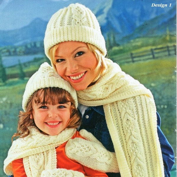 aran hat scarf mitts set knitting pattern pdf womens childrens cable cap scarf mittens aran worsted 10ply pdf instant download