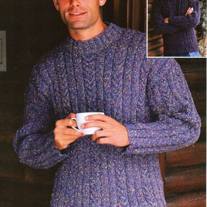 mens cable sweater knitting pattern pdf DK mans crew neck jumper 38-48&quot; DK light worsted 8ply pdf instant download