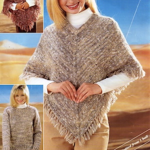 May include: A brown and beige knitted poncho with fringe. The poncho is shown being worn by a woman and a young girl. The text "Knitted from 1 ball" is visible in the bottom right corner of the image.
