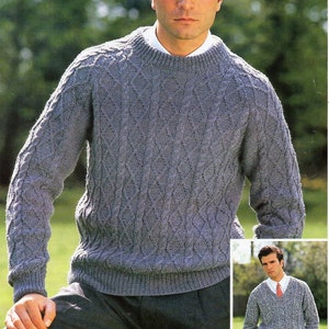 mens sweater knitting pattern pdf DK mens cable rib jumper crew or v neck vintage 36-48 inch DK light worsted 8ply Instant download