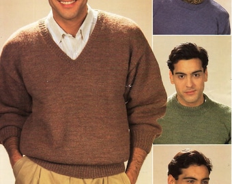 mens classic sweater knitting pattern pdf DK v or round neck jumpers 36-46" DK light worsted 8ply pdf Instant download